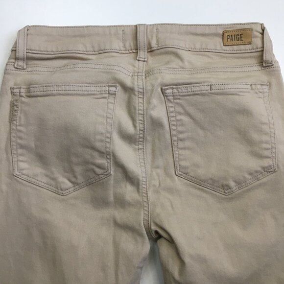 PAIGE 5 Pocket Oak Sand Destructed KYLIE Crop Raw Fray Hem Distressed Jeans - Picture 11 of 14